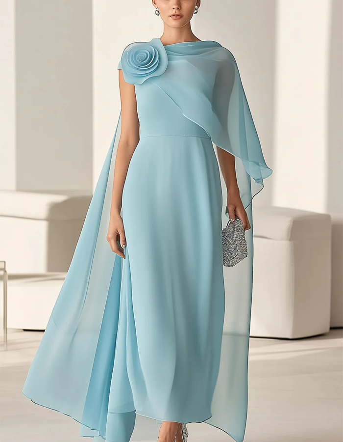 Vestido largo de gasa con mangas tipo chal y flores en 3D, color azul cielo
