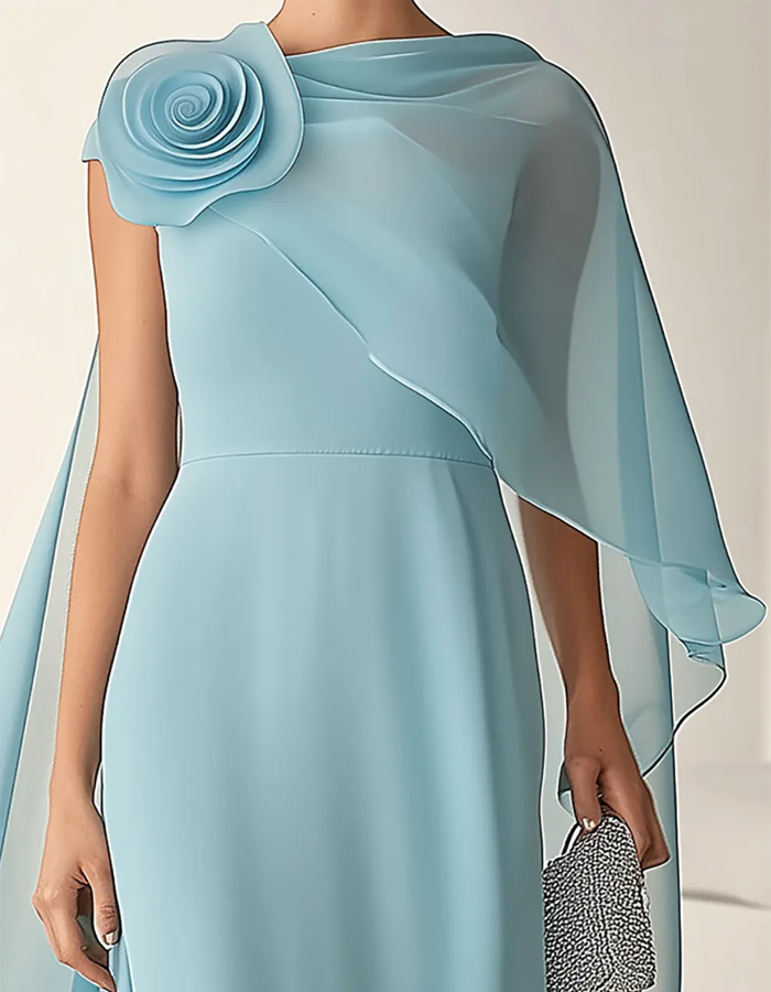 Sky-blue Chiffon Shawl-sleeve 3D Floral Maxi Dress
