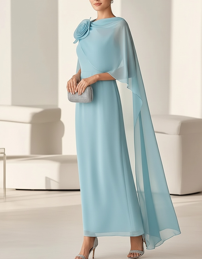 Sky-blue Chiffon Shawl-sleeve 3D Floral Maxi Dress
