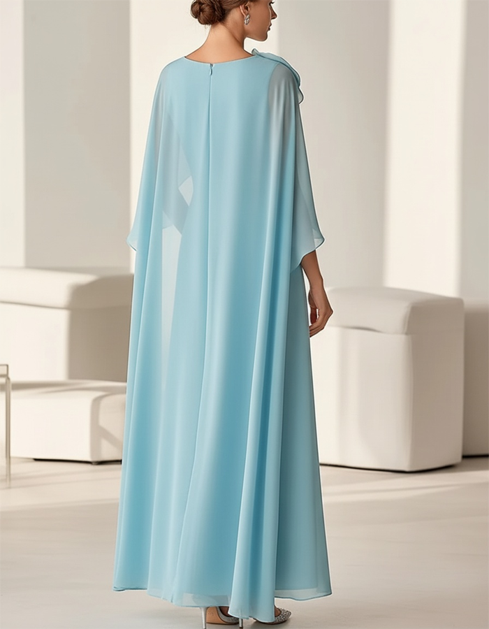 Sky-blue Chiffon Shawl-sleeve 3D Floral Maxi Dress