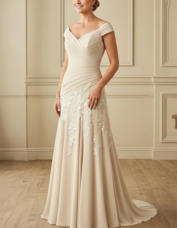 Off-the-Shoulder Ruffled Lace A-Line Maxi Dress