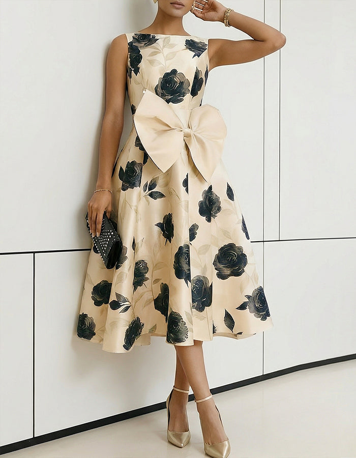 Apricot Colored Black Rose Print Large Bow Umbrella Midi Dress – Alizua