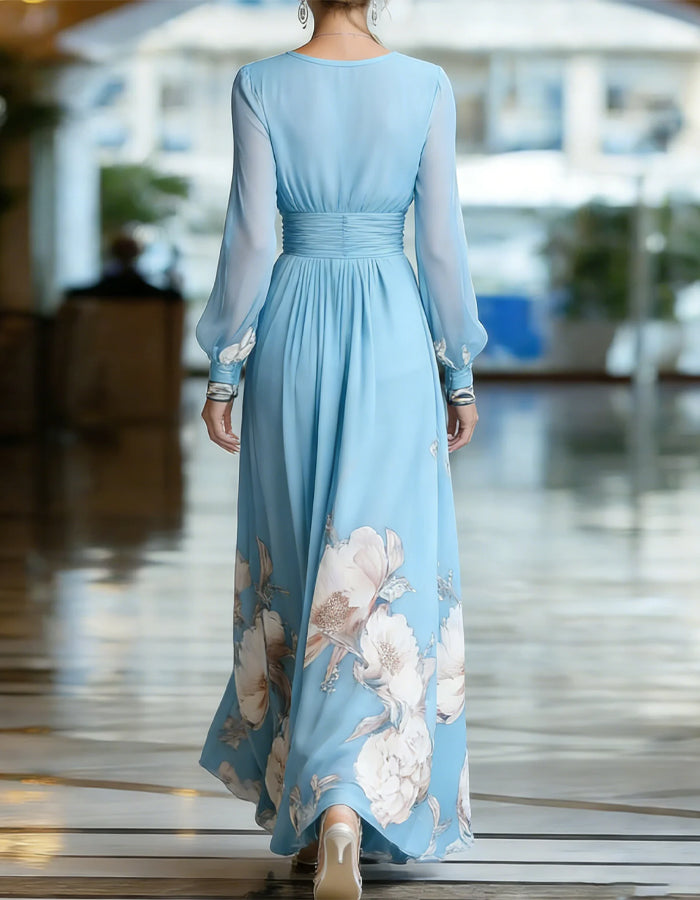 Robe longue en mousseline unie à col en V imprimée et manches longues