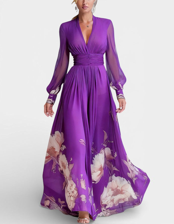 Solid Color Chiffon V-Neck Printed Long Sleeve Maxi Dress