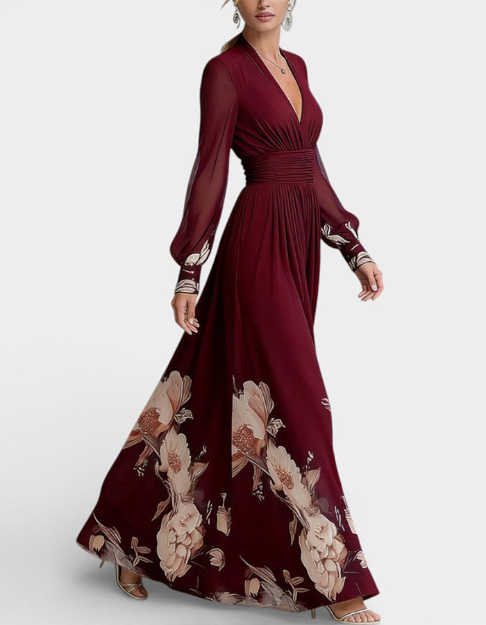 Solid Color Chiffon V-Neck Printed Long Sleeve Maxi Dress