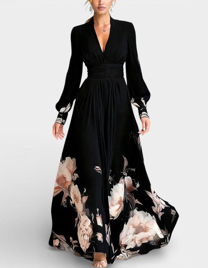Solid Color Chiffon V-Neck Printed Long Sleeve Maxi Dress