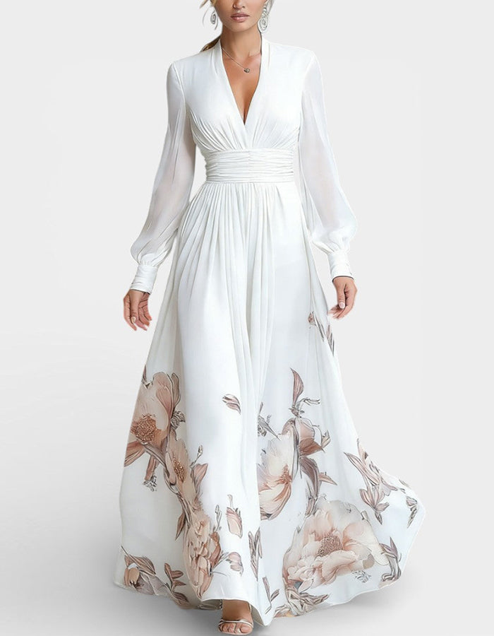 Solid Color Chiffon V-Neck Printed Long Sleeve Maxi Dress