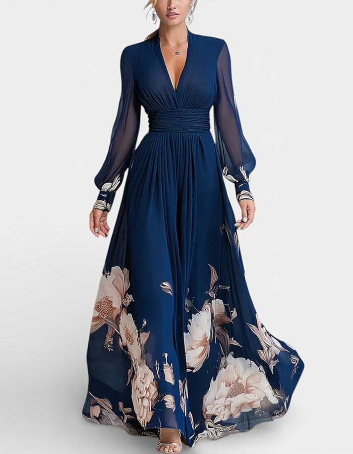 Solid Color Chiffon V-Neck Printed Long Sleeve Maxi Dress