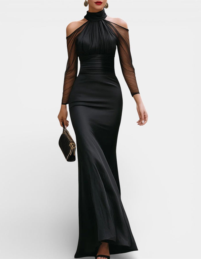 Black Satin Halter Neck With Mesh Sleeves Maxi Dress