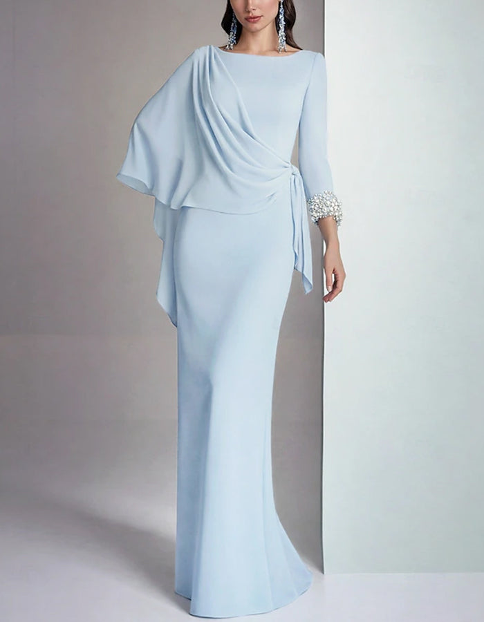 Solid Color Draped Chiffon Asymmetrical Sequined Sleeves Maxi Dress