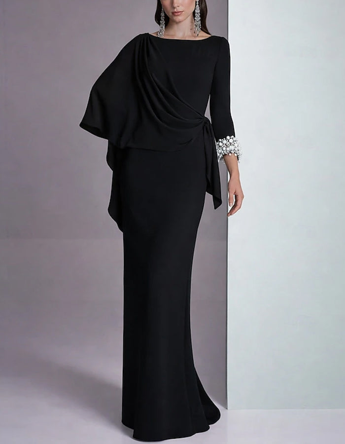 Solid Color Draped Chiffon Asymmetrical Sequined Sleeves Maxi Dress