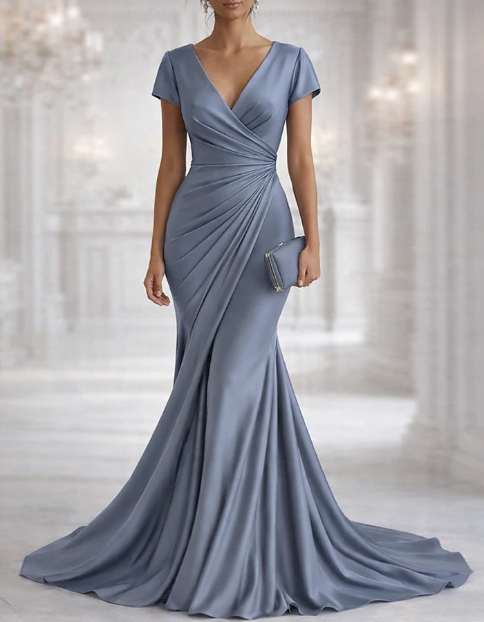 Solid Color Satin V-Neck Pleated Fishtail Maxi Dress