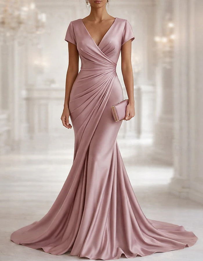 Solid Color Satin V-Neck Pleated Fishtail Maxi Dress
