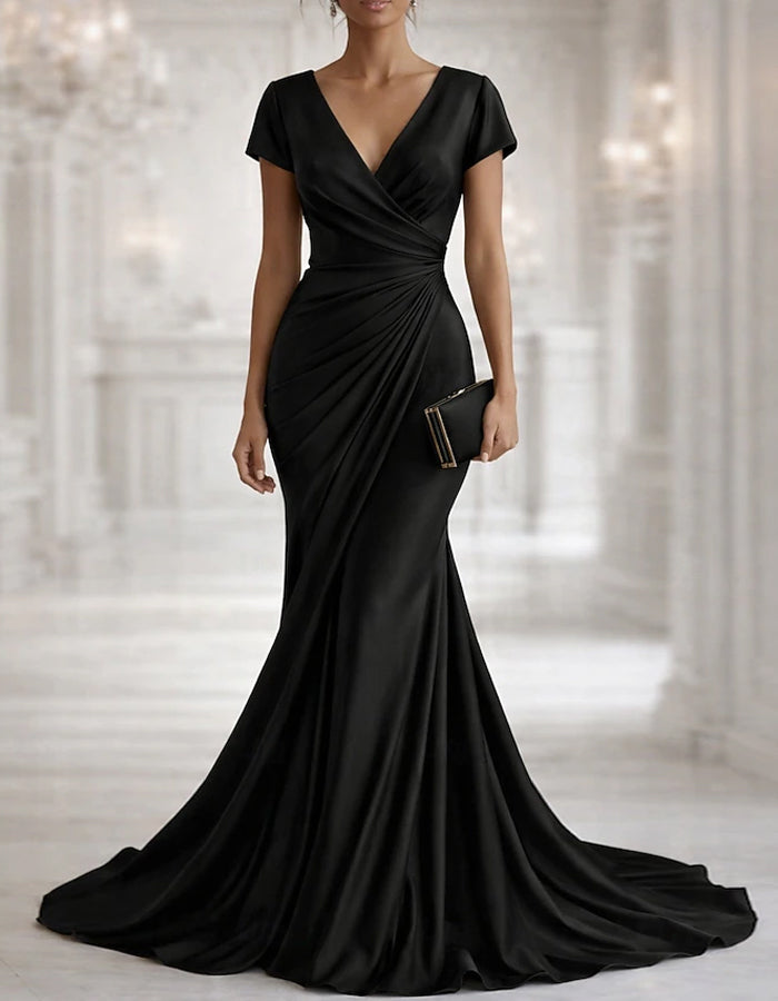 Solid Color Satin V-Neck Pleated Fishtail Maxi Dress