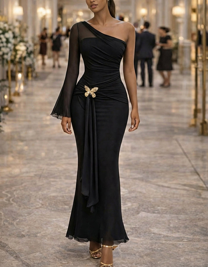 Black One Shoulder Mesh Chiffon Sleeve With Butterfly Button Fishtail Hem Maxi Dress