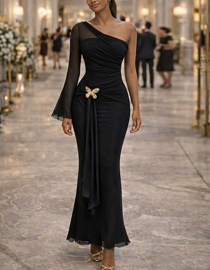 Black One Shoulder Mesh Chiffon Sleeve With Butterfly Button Fishtail Hem Maxi Dress