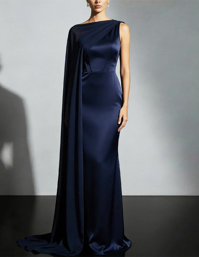Navy Blue Satin One Shoulder Cape Maxi Dress