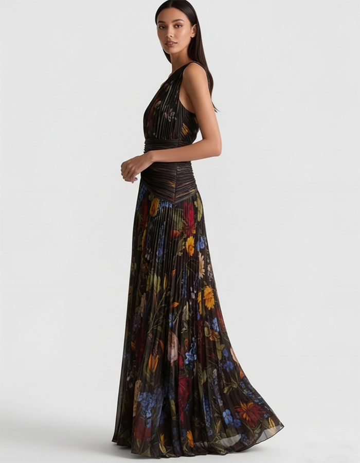 Black Botanical Print One-Shoulder Pleated Maxi Dress