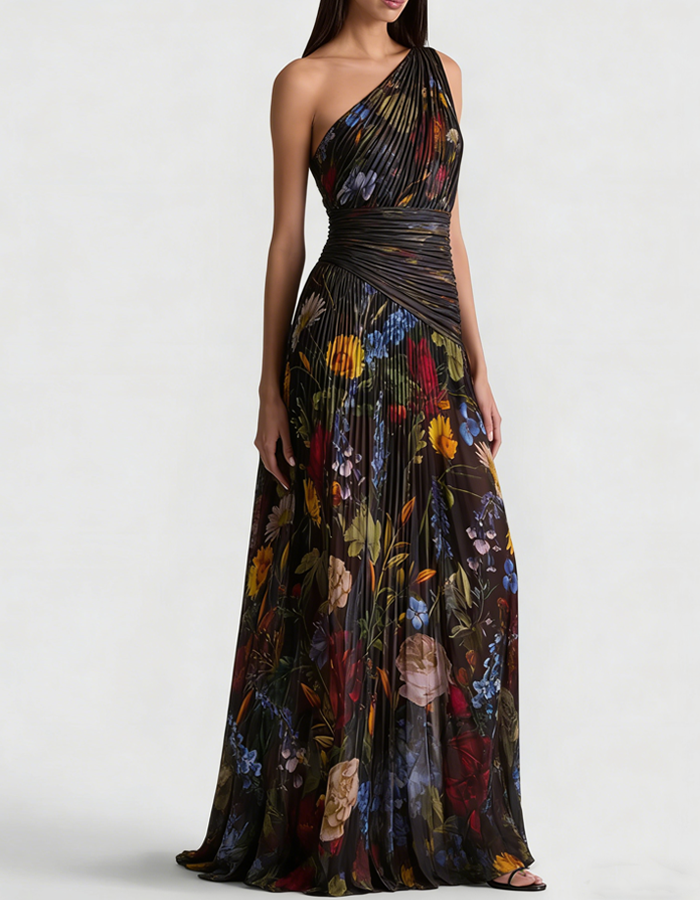 Black Botanical Print One-Shoulder Pleated Maxi Dress