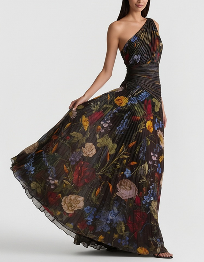 Vestido largo plisado asimétrico con estampado botánico negro