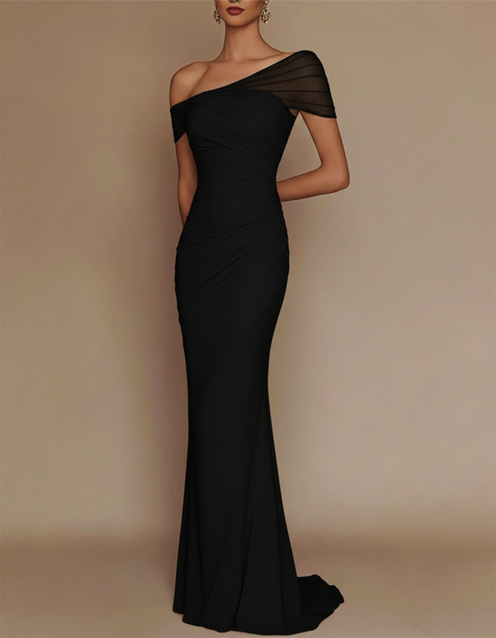 One-Shoulder Mesh-Patched Pleated Mermaid Maxi Dress