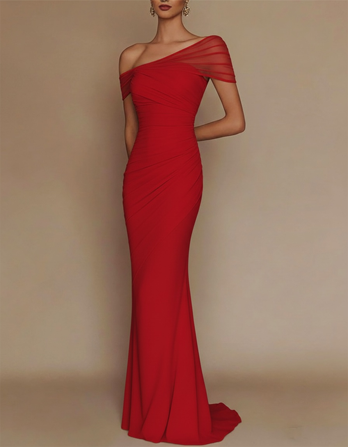 Vestido maxi de sirena plisado con hombro descubierto y parches de malla