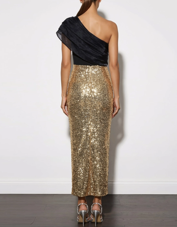Black One-shoulder Ruffled Midi Dress