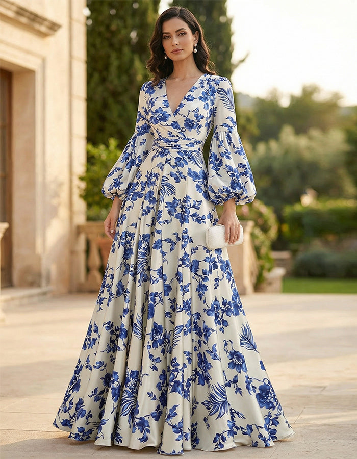White Printed Satin Lantern Sleeve Maxi Dress