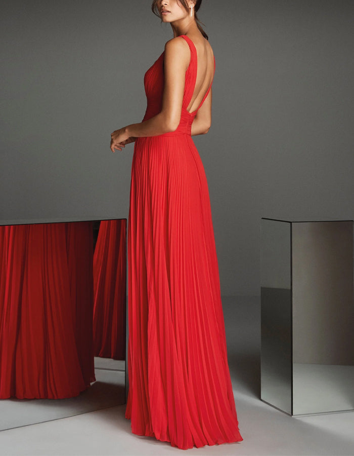 Red V-Neck Pleated Waist Maxi Dress