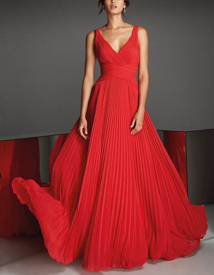 Red V-Neck Pleated Waist Maxi Dress