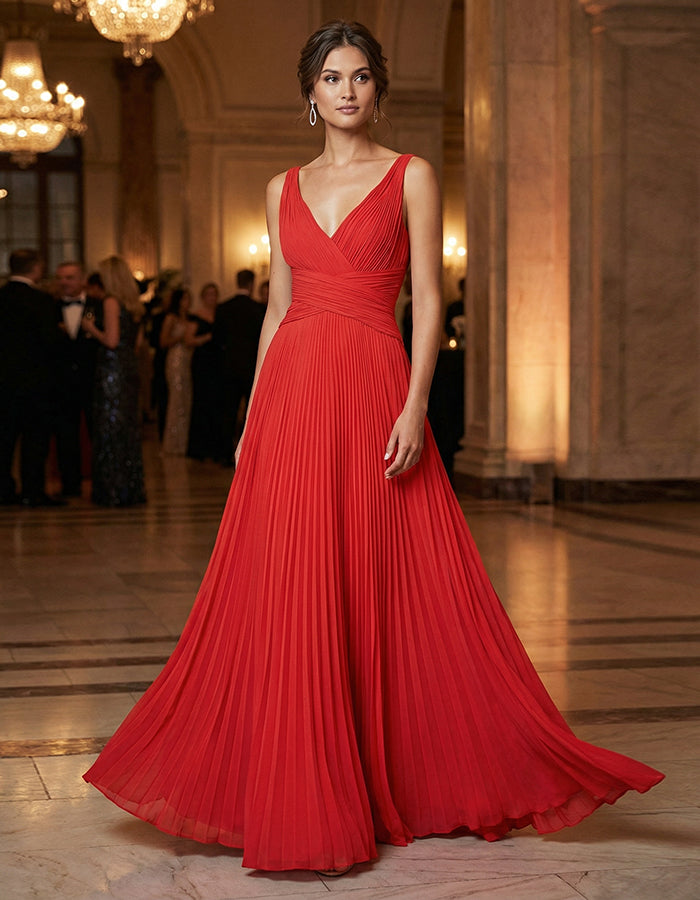 Red V-Neck Pleated Waist Maxi Dress