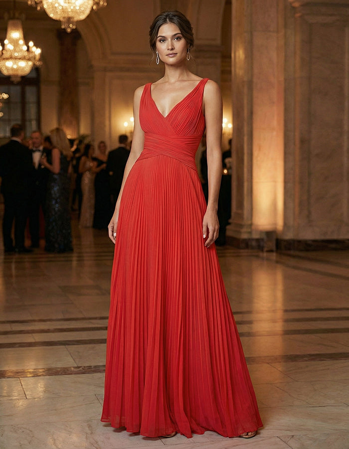 Red V-Neck Pleated Waist Maxi Dress