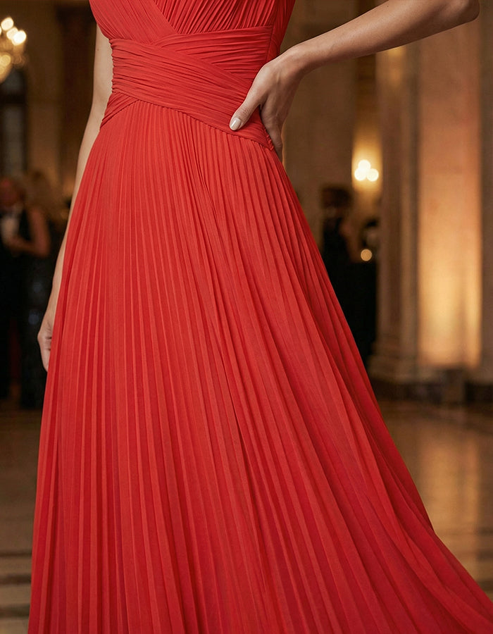 Red V-Neck Pleated Waist Maxi Dress