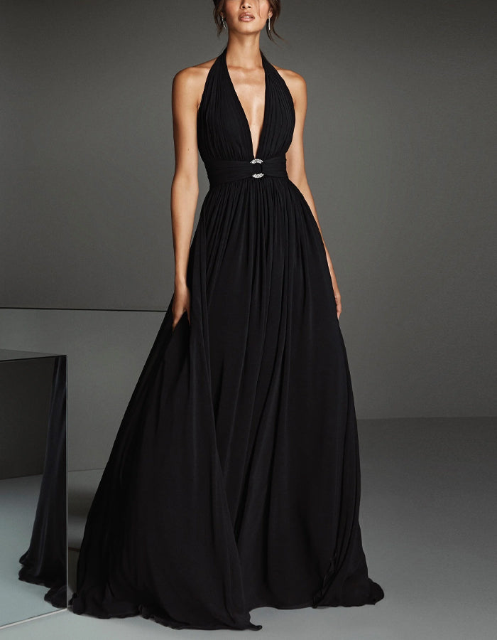 Black Halter Neck Chiffon Rhinestone Waist Belt Maxi Dress