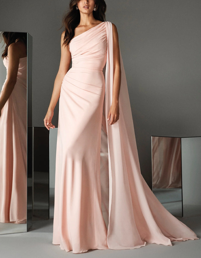 Light Pink One Shoulder Draped Chiffon Fishtail Maxi Dress