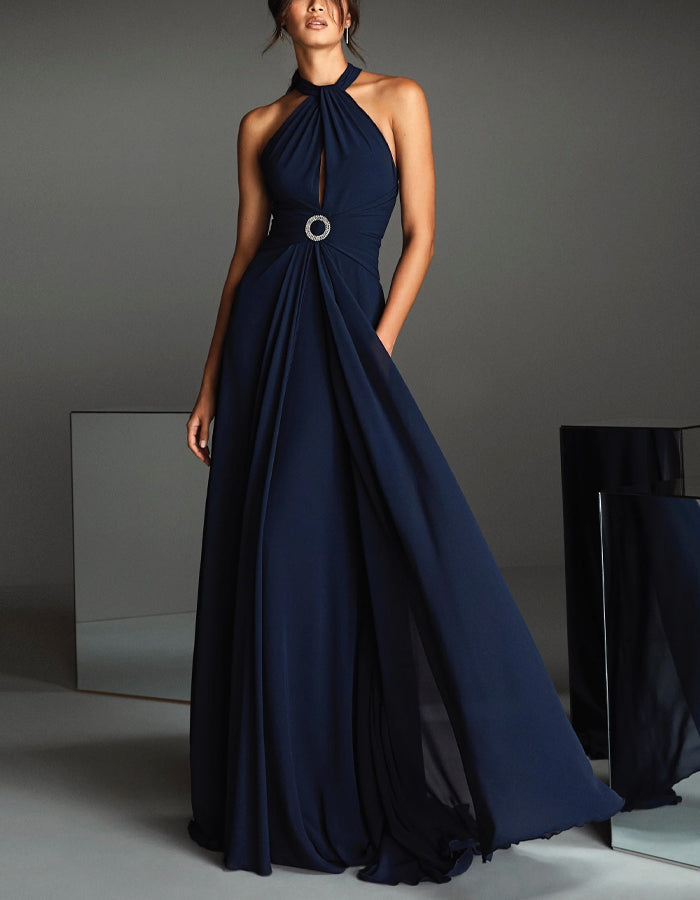 Navy Blue Halter Neck Chiffon Rhinestone Waist Belt Maxi Dress