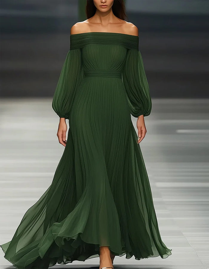 Dark Green Off Shoulder Pleated Lantern Sleeves Maxi Dress