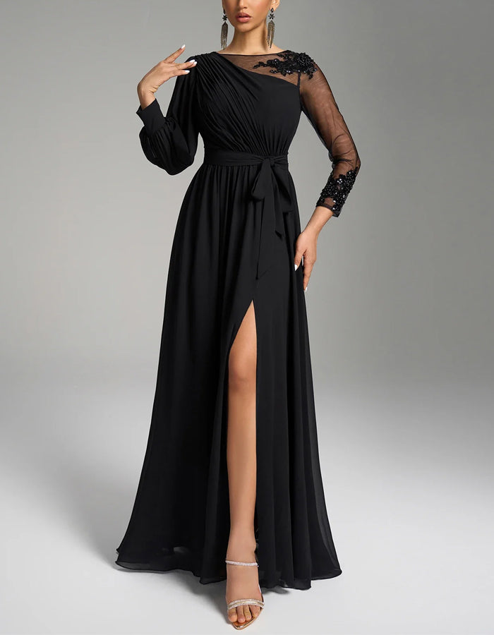 Black Chiffon Sequined Embroidered Slit Maxi Dress