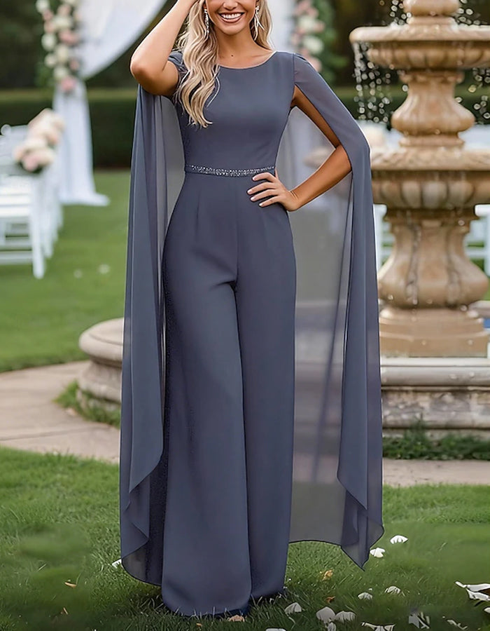 Blue Grey Chiffon Cape Sleeve Sequined Waist Wide Leg Jumpsuit