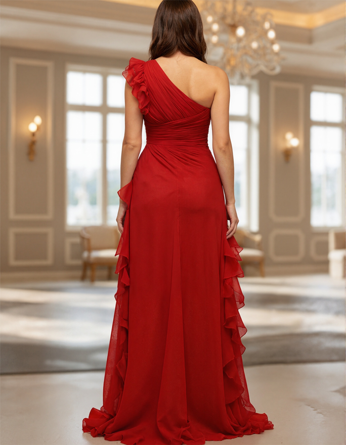 One-shoulder Layered Ruffle High-slit Maxi Dress
