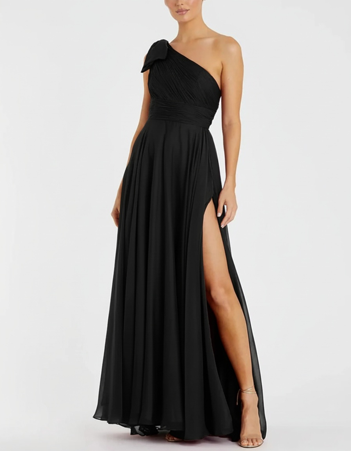 One-shoulder Pleated Draped Chiffon Maxi Dress