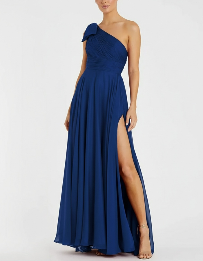 One-shoulder Pleated Draped Chiffon Maxi Dress