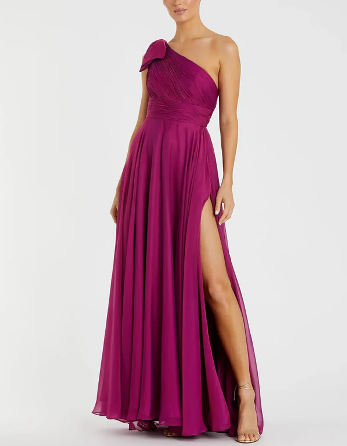 One-shoulder Pleated Draped Chiffon Maxi Dress