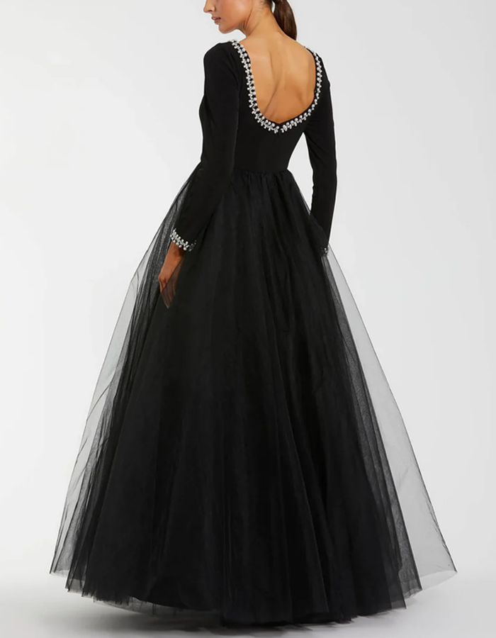 Long-sleeved Backless Tulle Maxi Dress