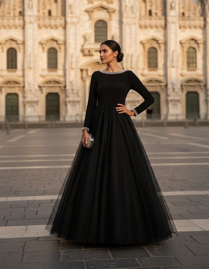 Long-sleeved Backless Tulle Maxi Dress