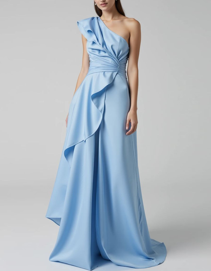 Vestido maxi plisado de satén con un solo hombro