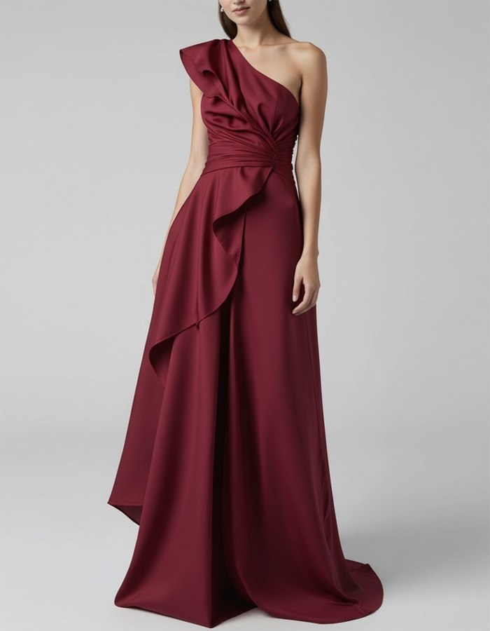 Vestido maxi plisado de satén con un solo hombro