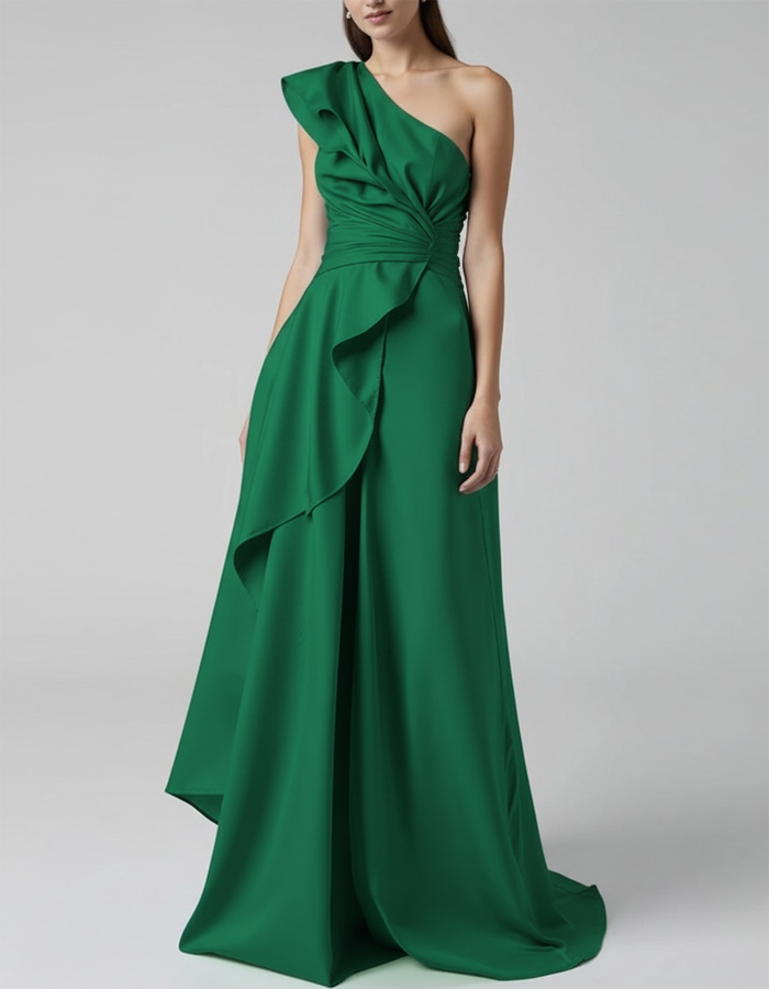 Vestido maxi plisado de satén con un solo hombro