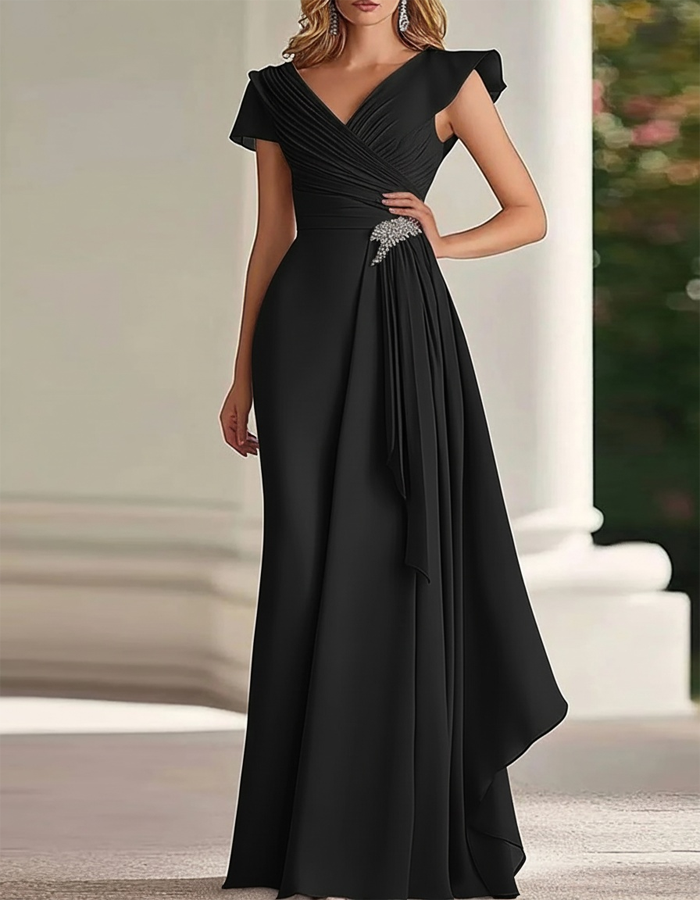 V-neck Pleated Puff Sleeve Chiffon Maxi Dress