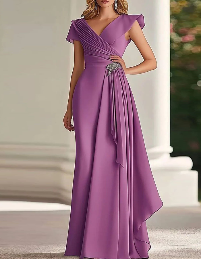V-neck Pleated Puff Sleeve Chiffon Maxi Dress